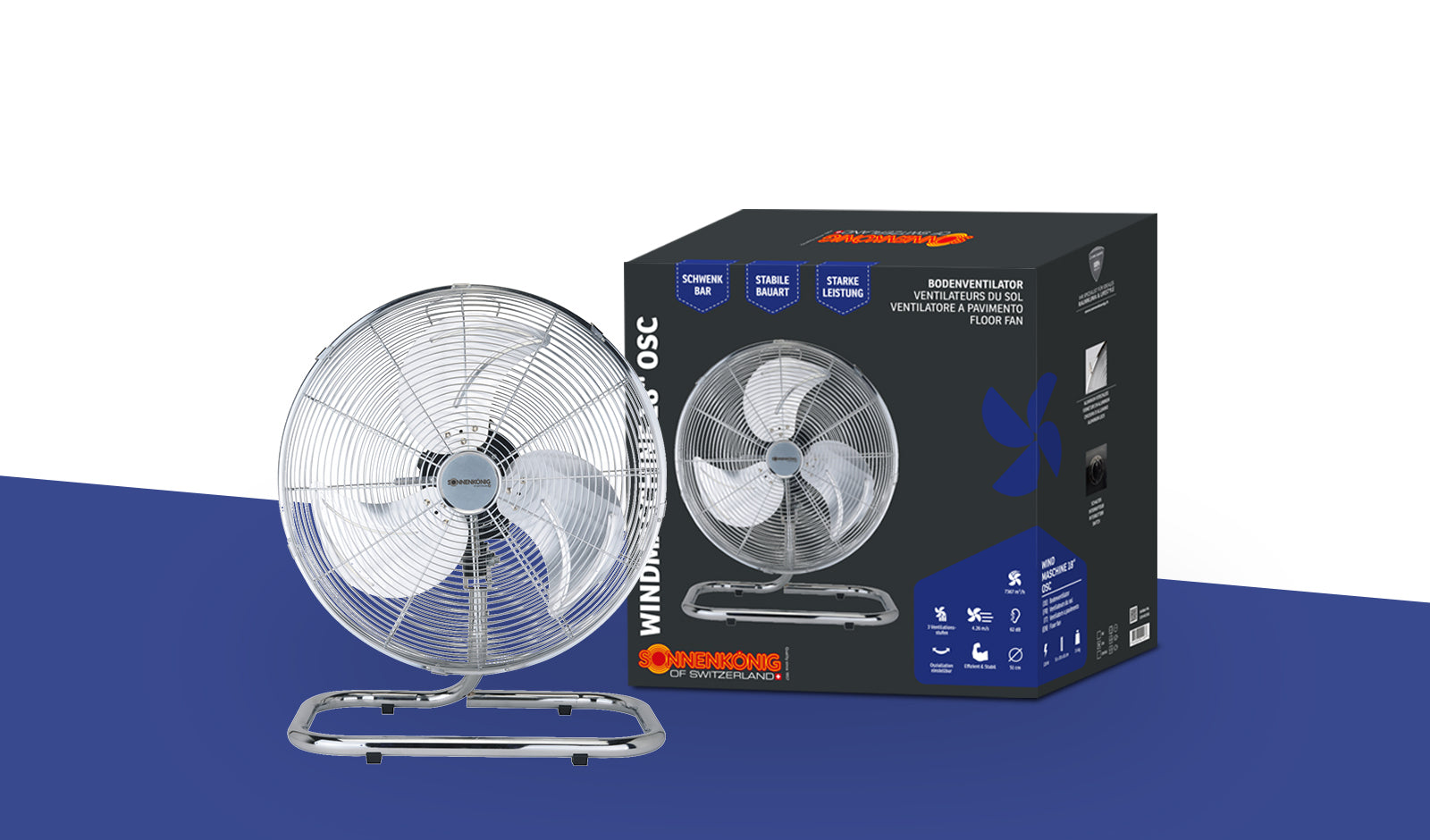 Sonnenkönig Bodenventilator 18 Osz – 51 cm, 3 Stufen, oszillierend, 120 W, 62 dB(A), Silber