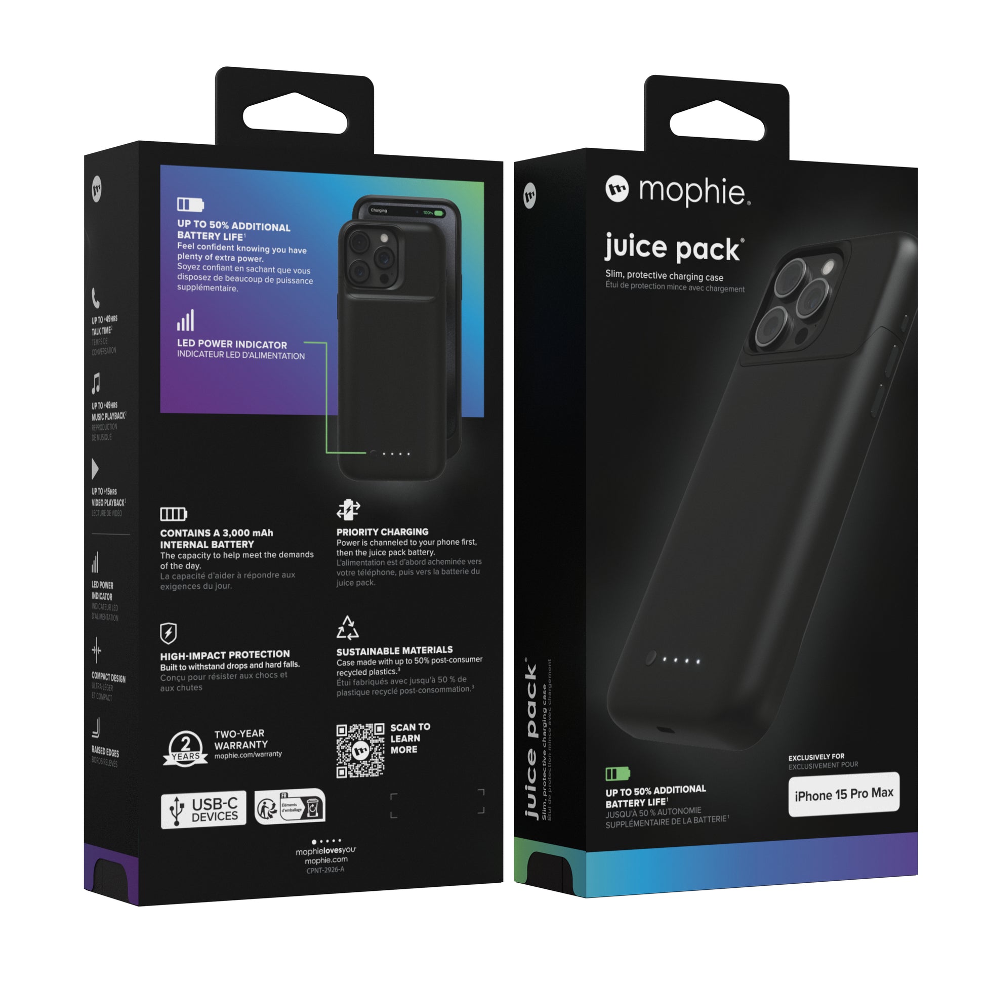 mophie Power-Case (mit Akku) – für Apple iPhone 15 Pro Max, Recycling-Kunststoff, Schwarz, 3000 mAh