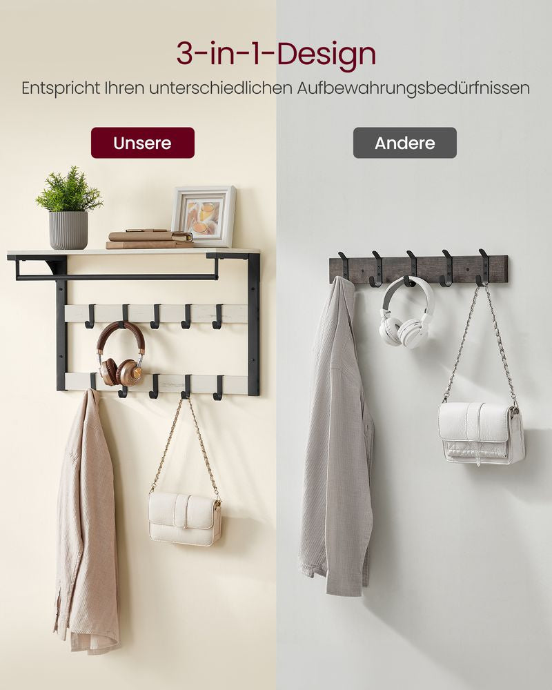 Vasagle Wandgarderobe – 10 Haken, mit Ablage, Stahl/Spanplatte, Schwarz/Weiss, 65 × 30 × 42 cm