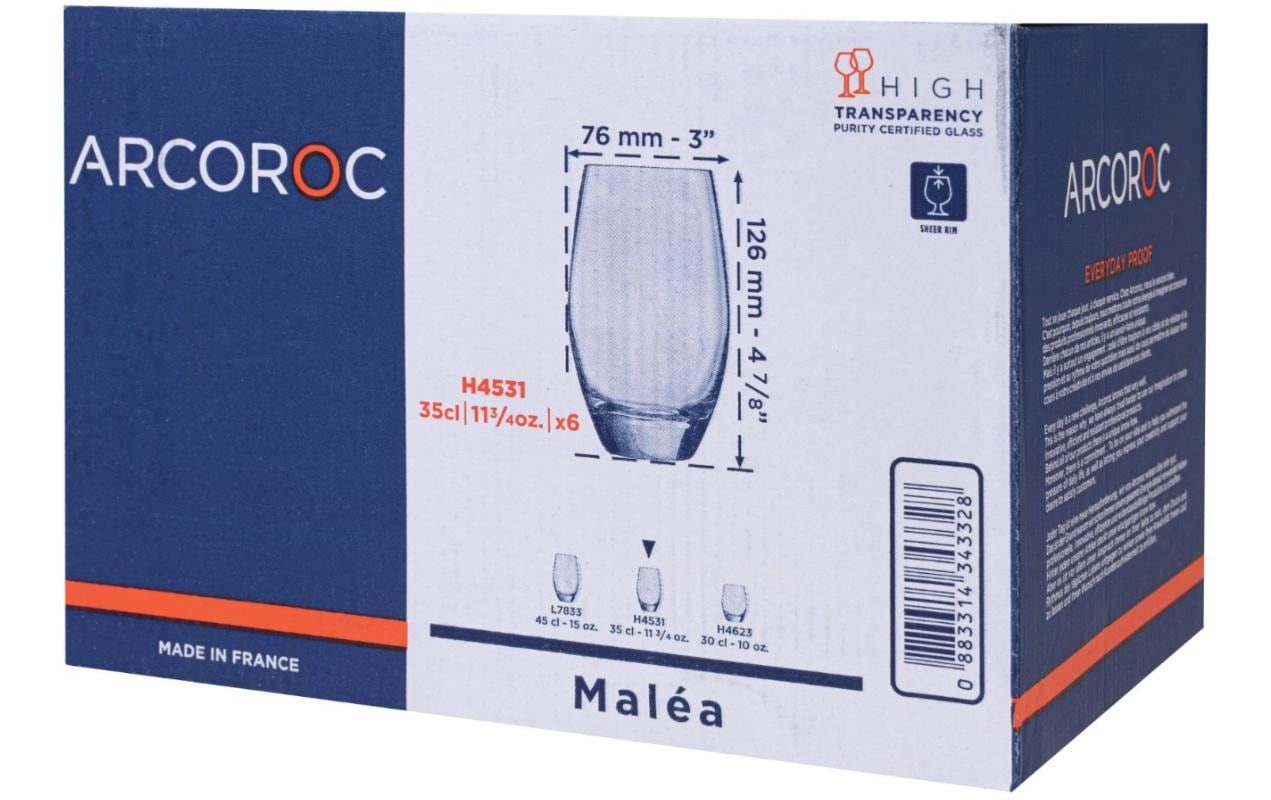 Arcoroc Trinkgläser Malea – 6er Set, 350 ml, Ø 7,6 cm, H 12,6 cm, Gehärtetes Glas, spülmaschinenfest
