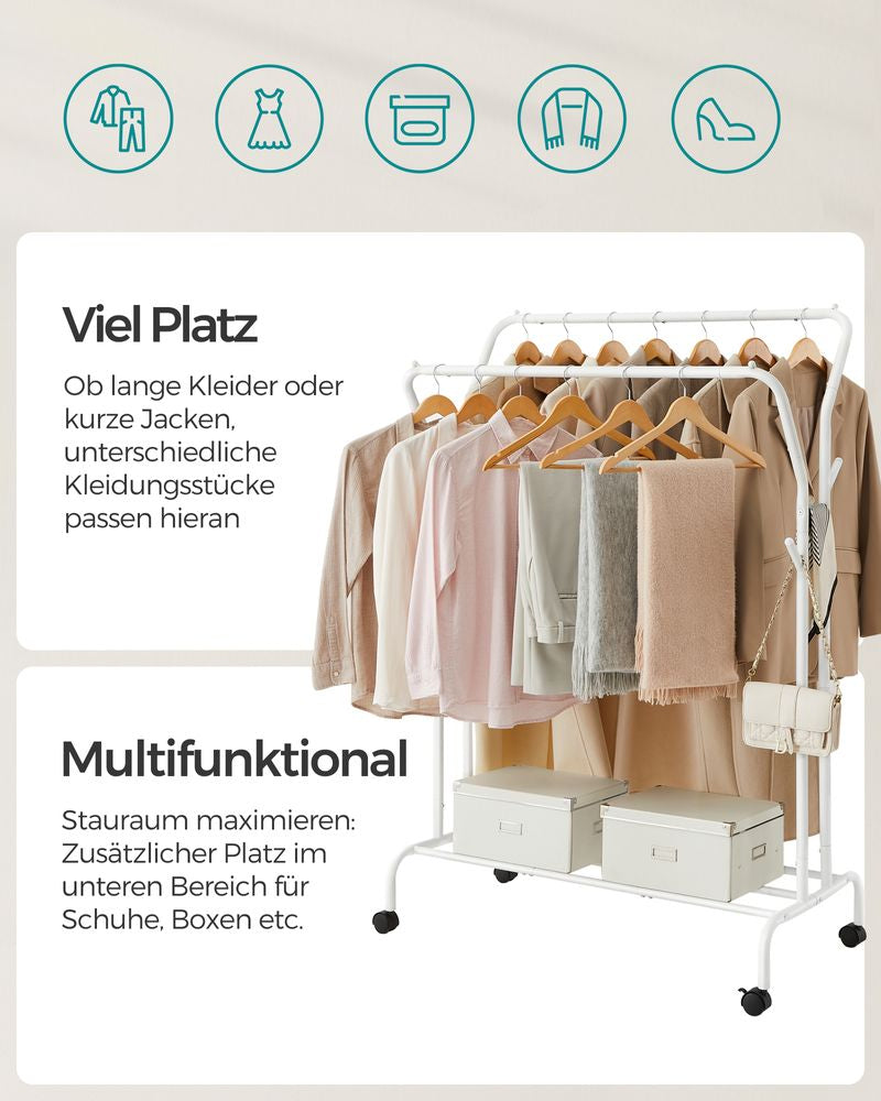 Songmics Garderobenständer – mit Rollen, Stahl, Weiss, 103,5 × 53 × 155 cm