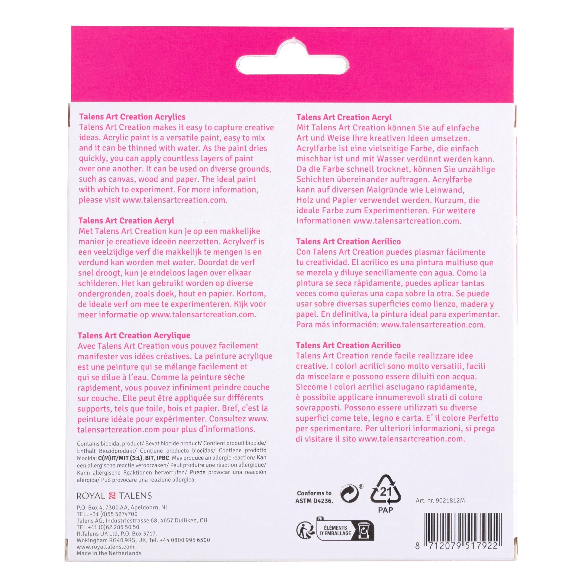 Talens Acrylfarbe – Mehrfarbig, Wasserfest – 12 Farben, 12×12 ml (144 ml) – für Papier, Stein, Holz