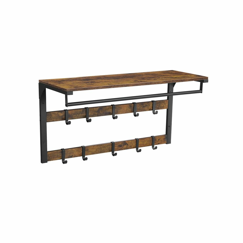 Vasagle Wandgarderobe – 10 Haken, mit Ablage, Stahl/Spanplatte, Schwarz/Braun, 80 × 30 × 42 cm
