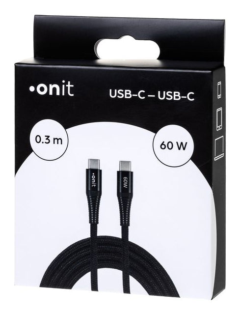 ONIT USB-C auf USB-C Kabel – USB 3.2 Gen 1 (5 Gbit/s) – 0,3 m – PD 60 W – Textilmantel – Schwarz