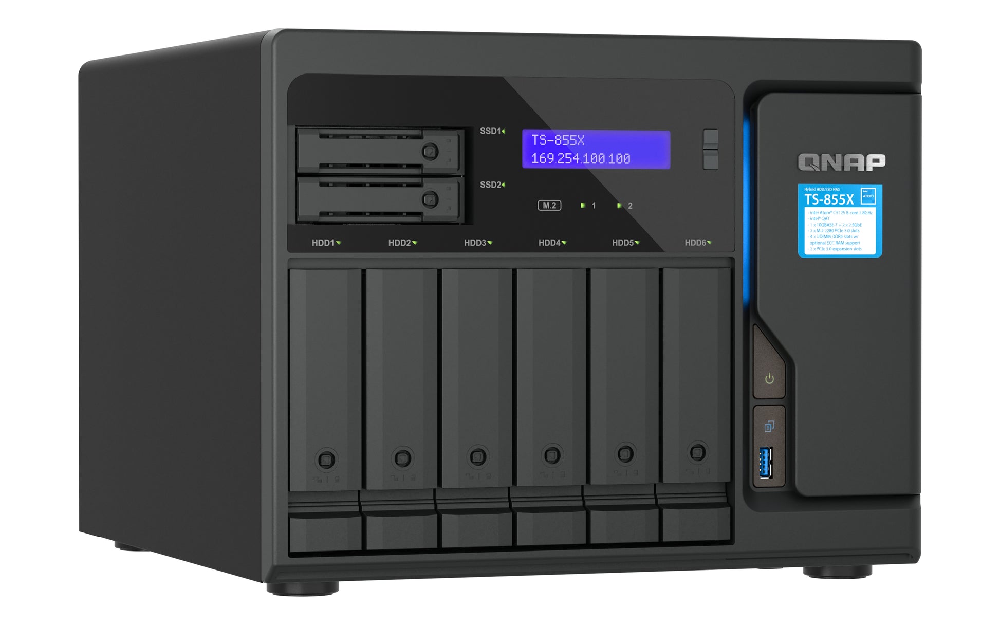 QNAP TS-855X-8G Allgemeines Speichergerät – SATA 6 Gbit/s, 6×3,5"/2,5" + 2×2,5" Einschübe