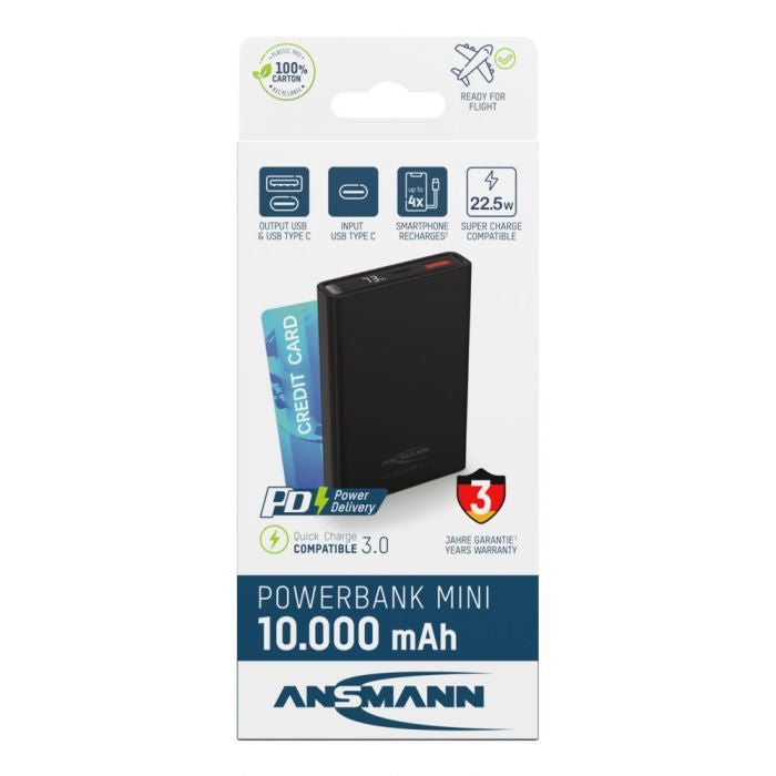 Ansmann PB222PD Powerbank 10'000 mAh – 22,5 W PD, 1× USB-C, 1× USB-A, schwarz