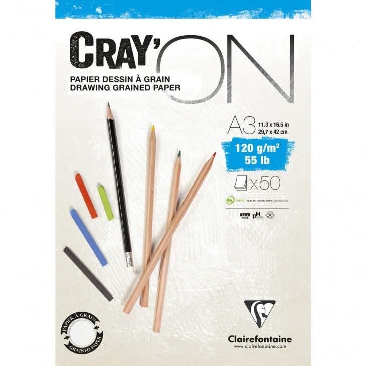 Clairefontaine Cray'ON Skizzenblock – A3 – 120 g/m² – geleimt – 50 Blatt – weiss, gekörnt
