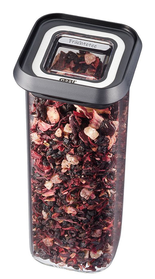 GEFU PANTRY Mini – Vorratsdose 400 ml, 7 × 7 × 17,6 cm, Glas (Borosilikat)/Silikon, transparent/schwarz