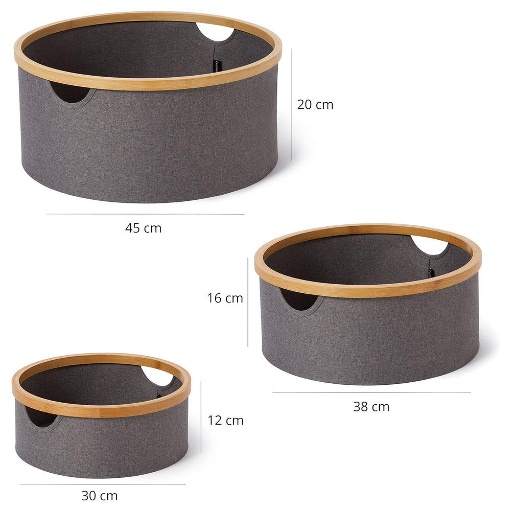 Lumaland Aufbewahrungsbox Set 3 Stk. – Bambus/Polyester – Taupe – Ø 450/380/300 × H 200/160/120 mm