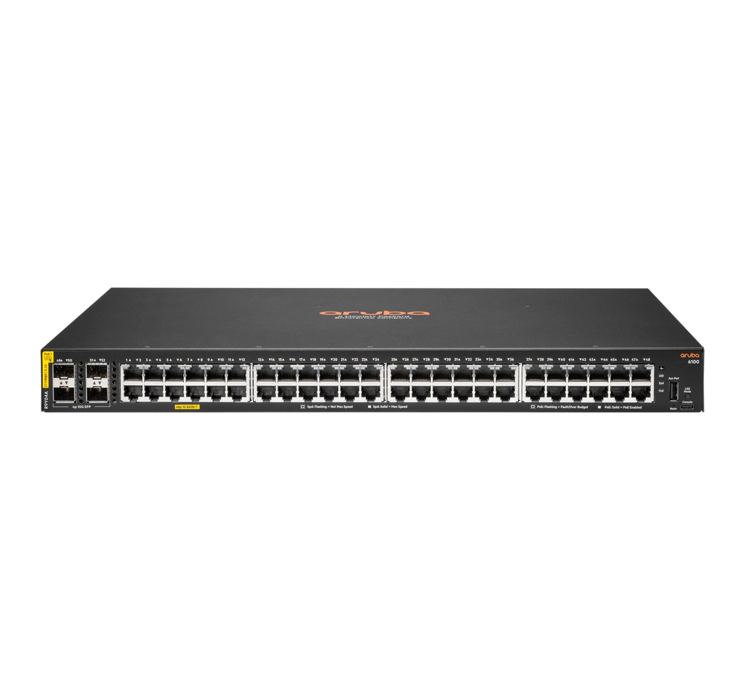 HPE Aruba 6100 48G – Verwalteter L3 Switch – 48× 1G, 4× SFP+, PoE+, PoE-Budget 740 W, 19", 1U