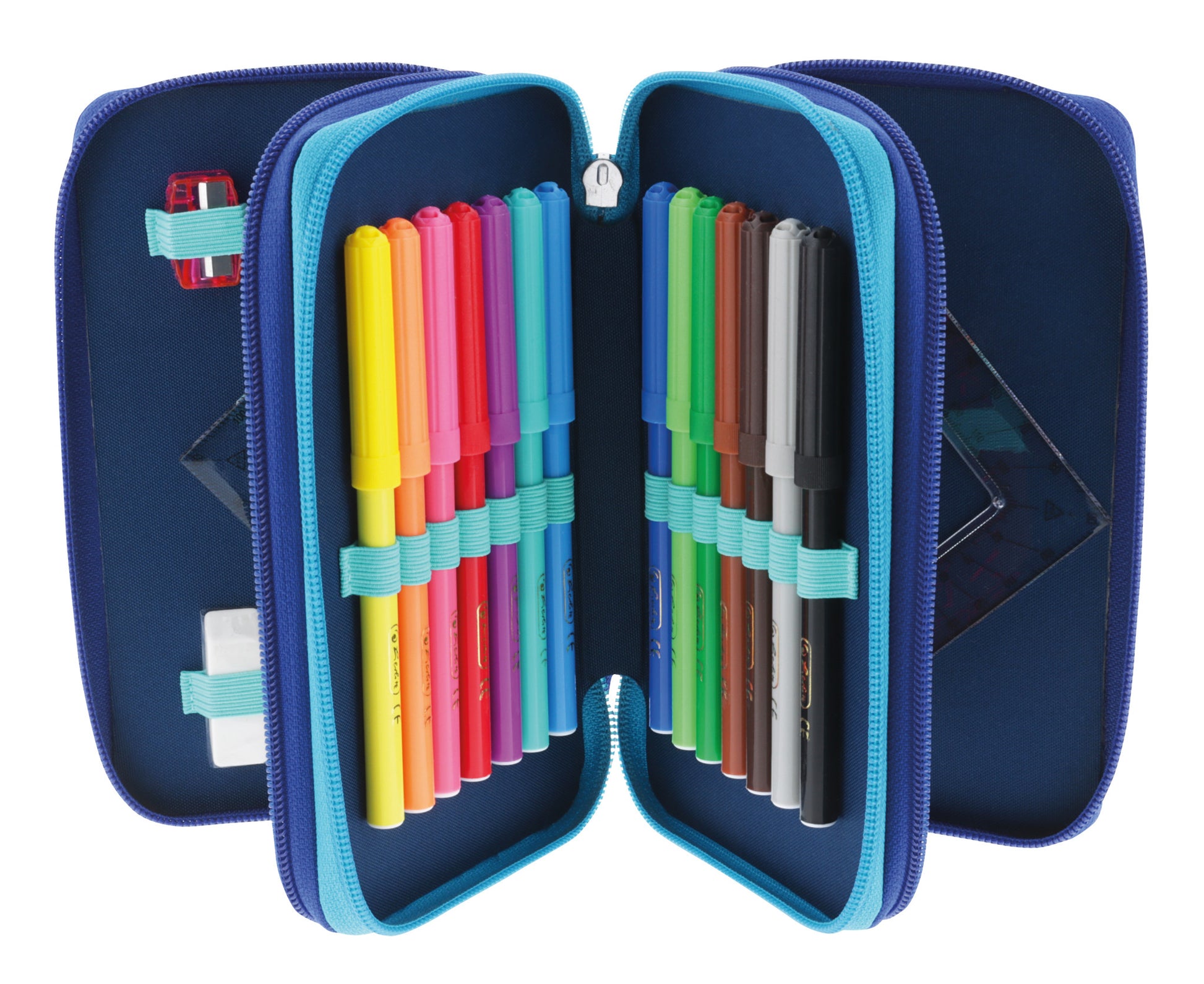 Herlitz TriCase Dip Dye – Schüleretui, gefüllt (31-teilig), 3 Klappen, blau, türkis, 19 × 7 × 11,5 cm
