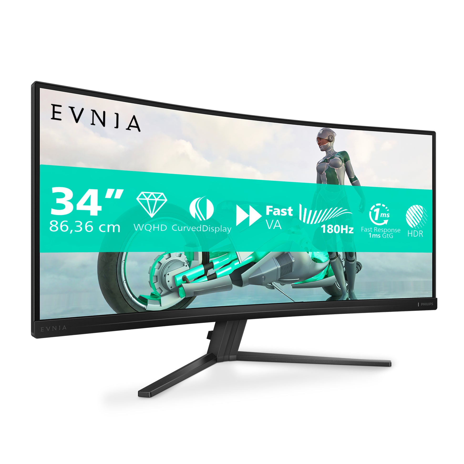 Philips 34M2C3500L/00 – Monitor, 34", VA, 180 Hz, 300 cd/m², Gebogen, Adaptive Sync, VESA 100 × 100, Schwarz
