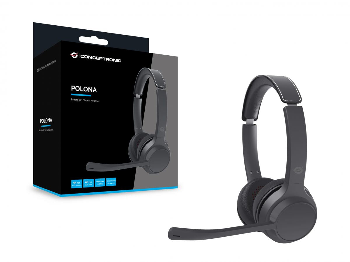 Conceptronic POLONA04B Office-Headset – On-Ear, Stereo, Kabel + BT, ANC, Schwarz, BT 5,3