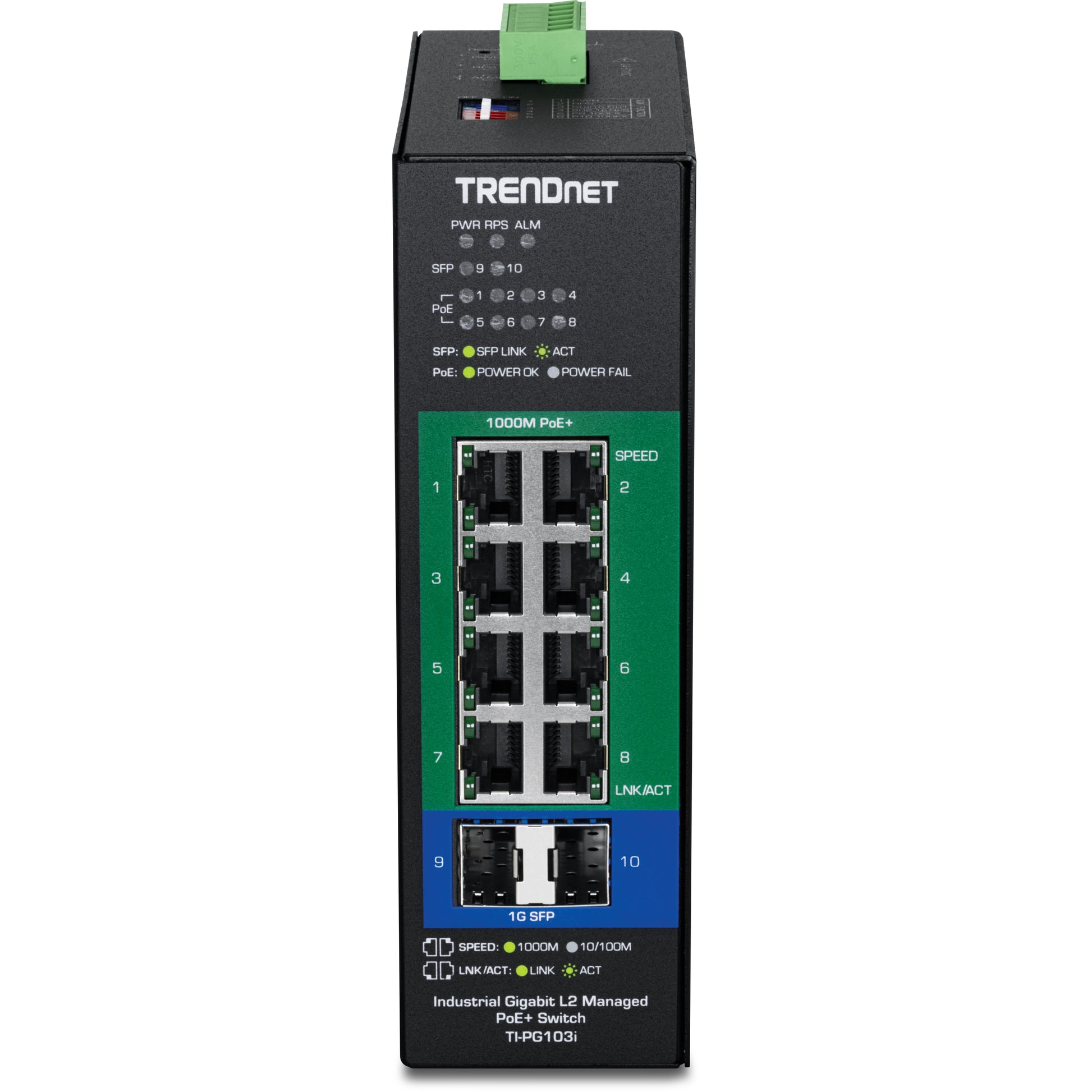TRENDnet TI-PG103i – Managed L2 Switch – 8× 1G, 2× SFP, PoE+, PoE-Budget 240 W, DIN-Schiene