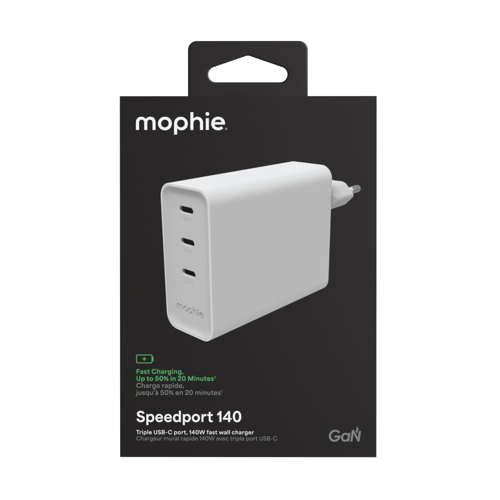 mophie Speedport 140 USB-Ladegerät 140 W – USB-C×3 – PD, GaN, EU-Stecker (Typ C) – Weiss