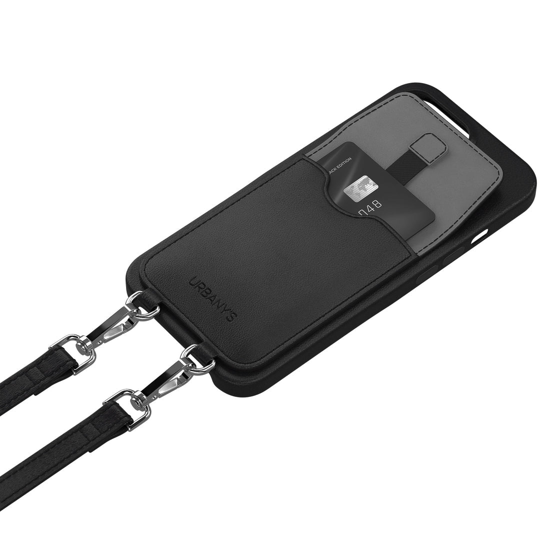 Urbany's Necklace-Hülle – für Apple iPhone 17 – Night Owl, schwarz – Kunstleder – mit Kartenfach
