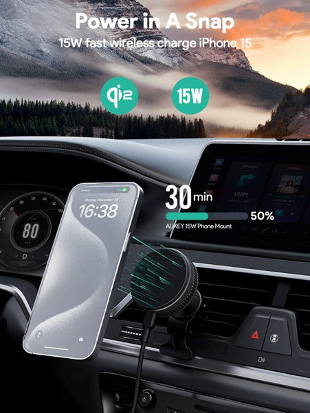 AUKEY MagFusion Dash Pro HD-MC13A Kfz-Ladehalterung – Qi2 – Lüftungsschlitz – 15 W – für iPhone – Schwarz