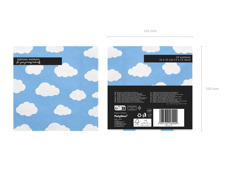 PartyDeco Servietten Flugzeug Wolken – blau/weiss – 33 × 33 cm, 3-lagig – 20 Stück