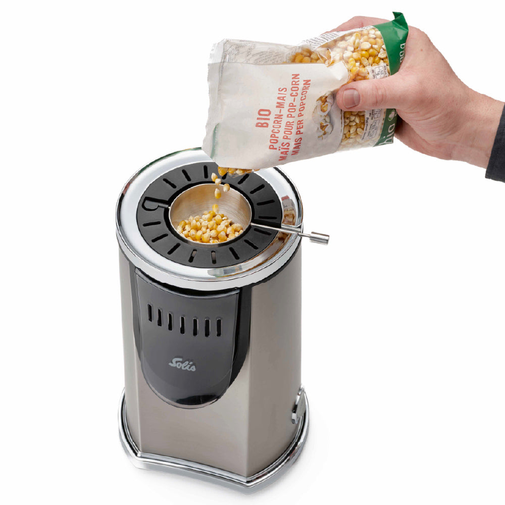 Solis Popcornmaschine Pop & Fun – 80 g, Heissluft, 1 200 W – Silber/Edelstahl