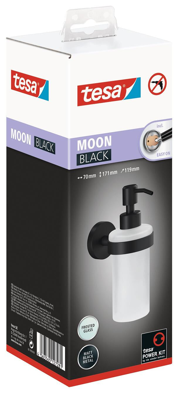 Tesa MOON BLACK Manueller Seifenspender – Wandmontage – 200 ml, schwarz, Glas, Metall