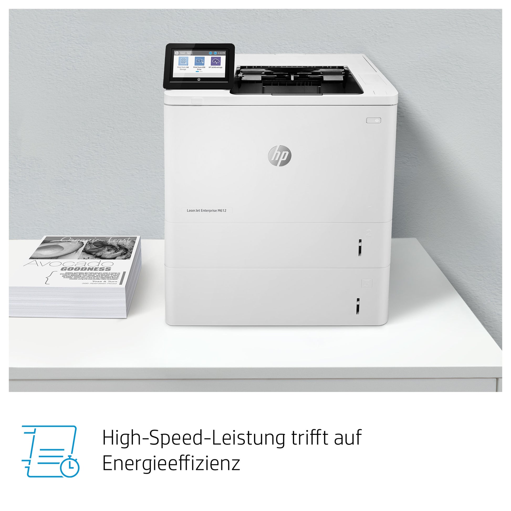 HP LaserJet Enterprise M612dn – A4, S/W, Duplex, 71 S./Min., 1200 × 1200 dpi, LAN/USB, Papier: 650 Blatt