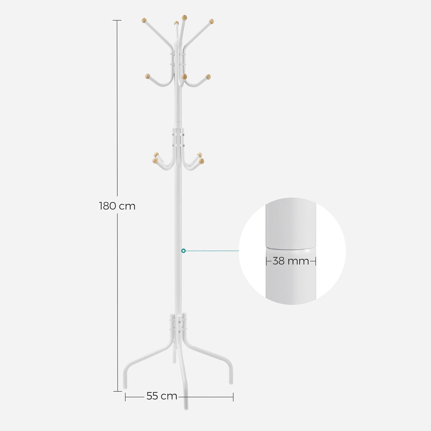 Songmics Garderobenständer – 12 Haken, Stahl, Weiss/Holz, 55 × 55 × 180 cm