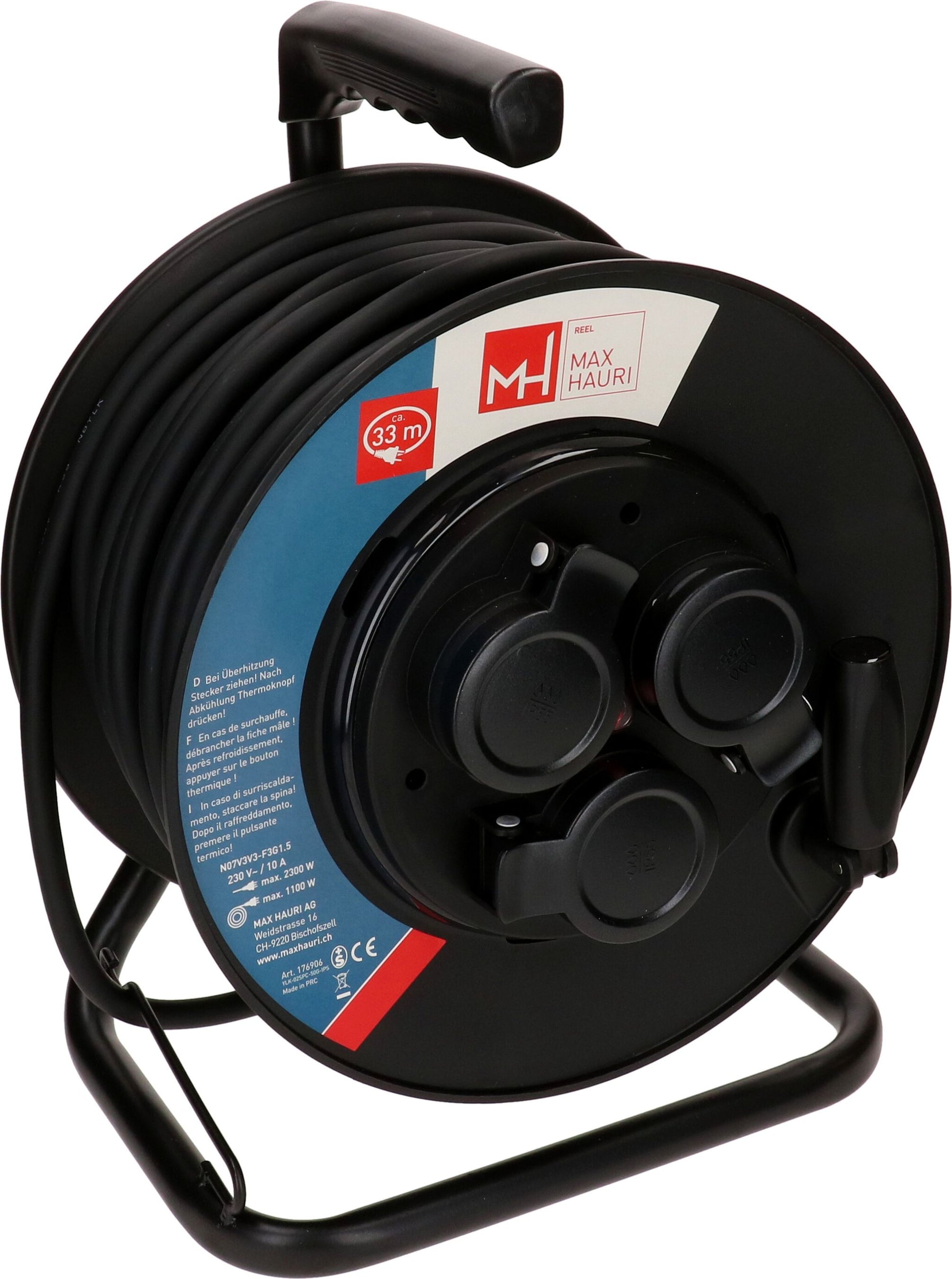 Max Hauri AG Max Hauri Kabelrolle – 3× T13, 33 m, IP55, schwarz