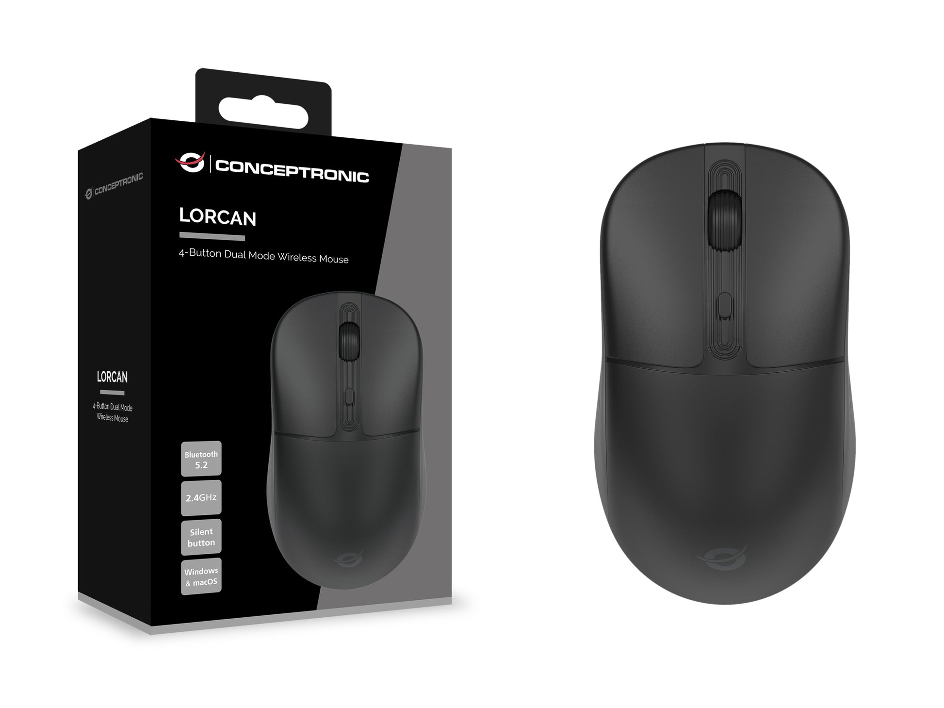 Conceptronic LORCAN04B – Maus – Kabellos (Bluetooth/2,4 GHz), 1600 DPI, beidhändig, Schwarz