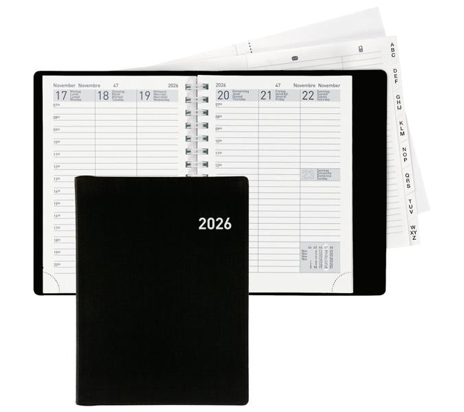 Biella Rex Agenda – 1 Woche/2 Seiten, Spiralbindung, 10,1 × 14,2 cm, 2026, mehrsprachig, schwarz, FSC