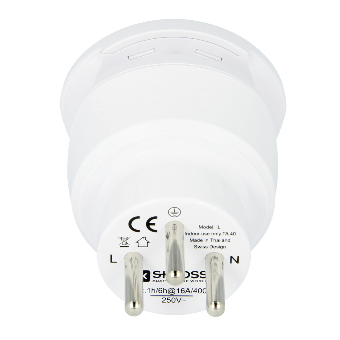 Skross Reiseadapter – 100–250 V, bis 10 A, CE – von World/EU nach Israel – weiss – Combo 1.500216E – 1 Stk.