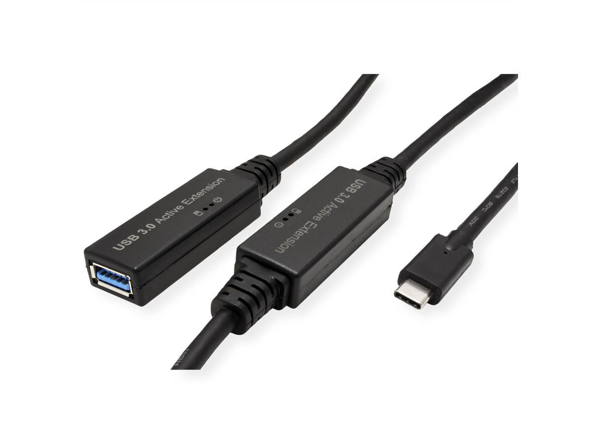 ROLINE USB-C auf USB-A Verlängerungskabel – USB 3.2 Gen 1 (5 Gbit/s) – 10 m – Aktiv – Schwarz