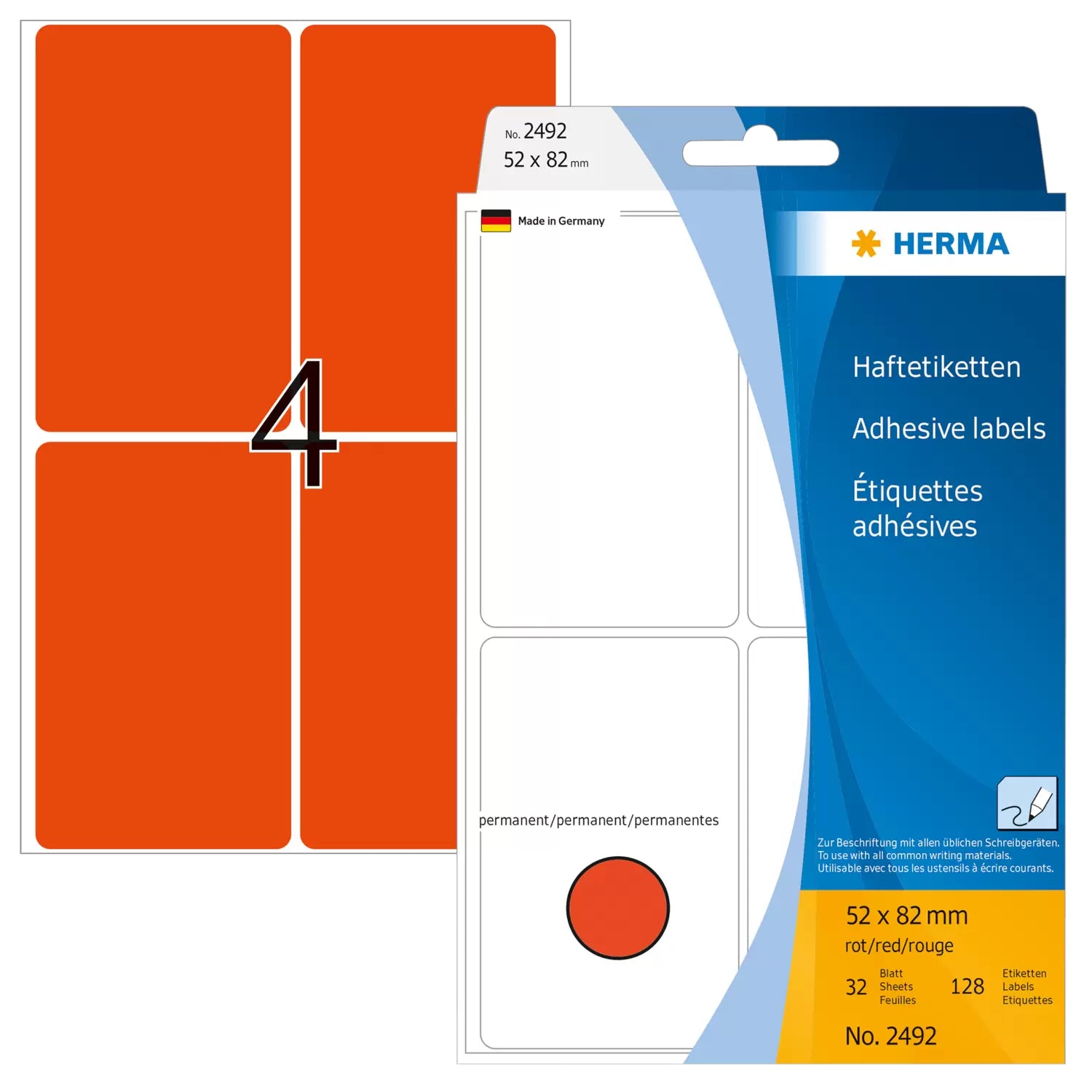 HERMA Schuletiketten – 52 × 82 mm, Abgerundete Ecken, 128 Stk, 32 Bogen, Papier, Permanent Haftend
