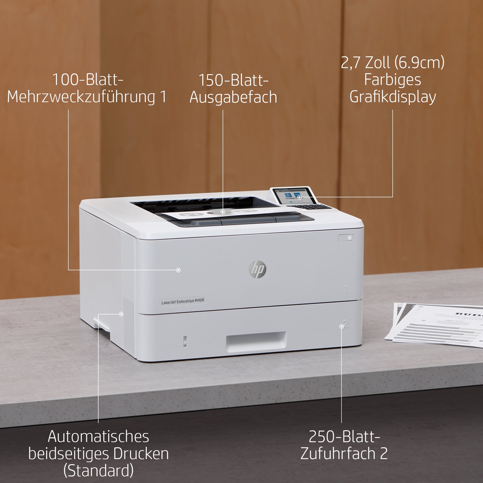 HP LaserJet Enterprise M406dn – S/W, Duplex, 42 S./Min., 1200 × 1200 dpi, LAN, Papier: 350 Blatt