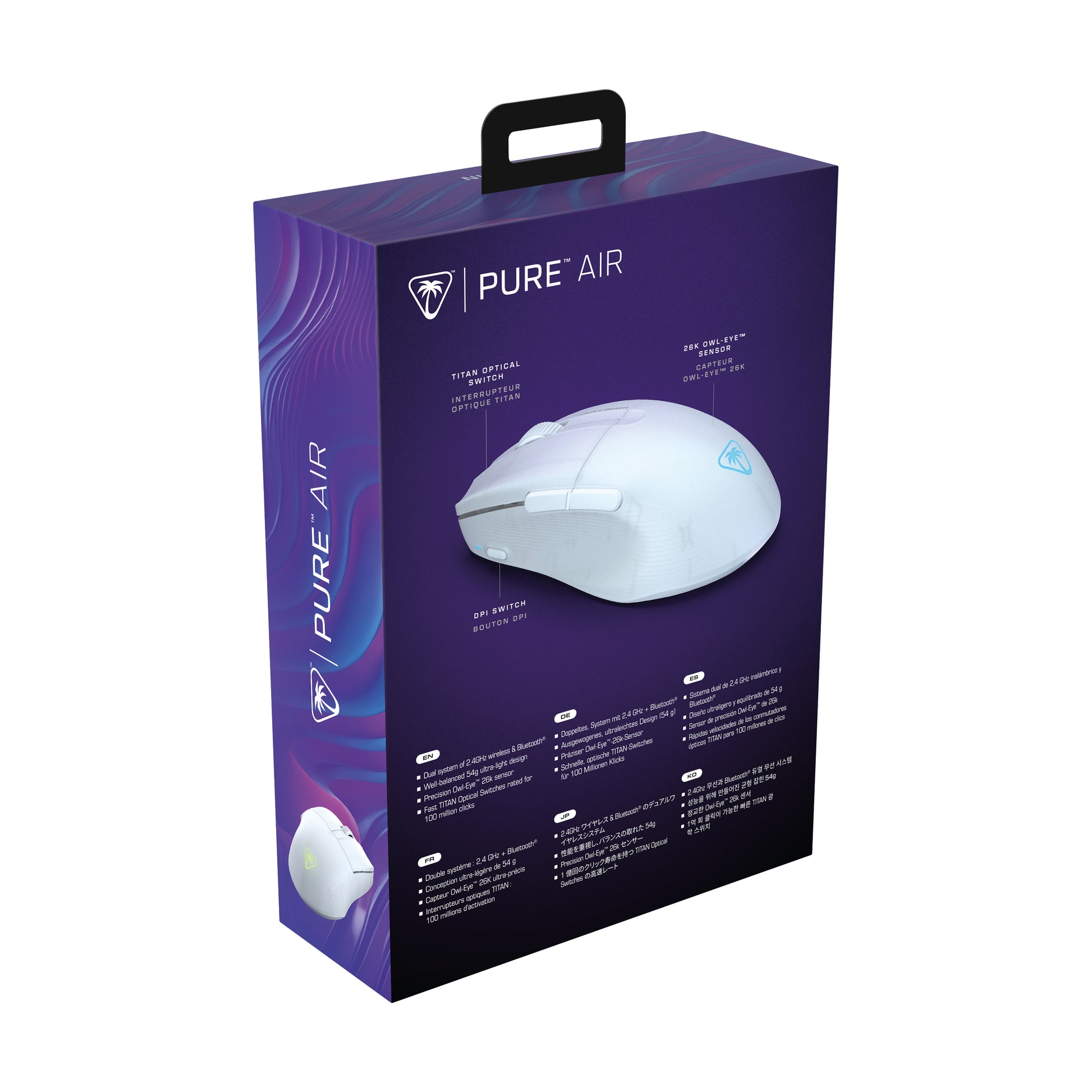 Turtle Beach Pure Air Gaming-Maus – Kabellos, Bluetooth + 2,4 GHz, USB-C, 26'000 dpi, RGB-Projektion, Weiss