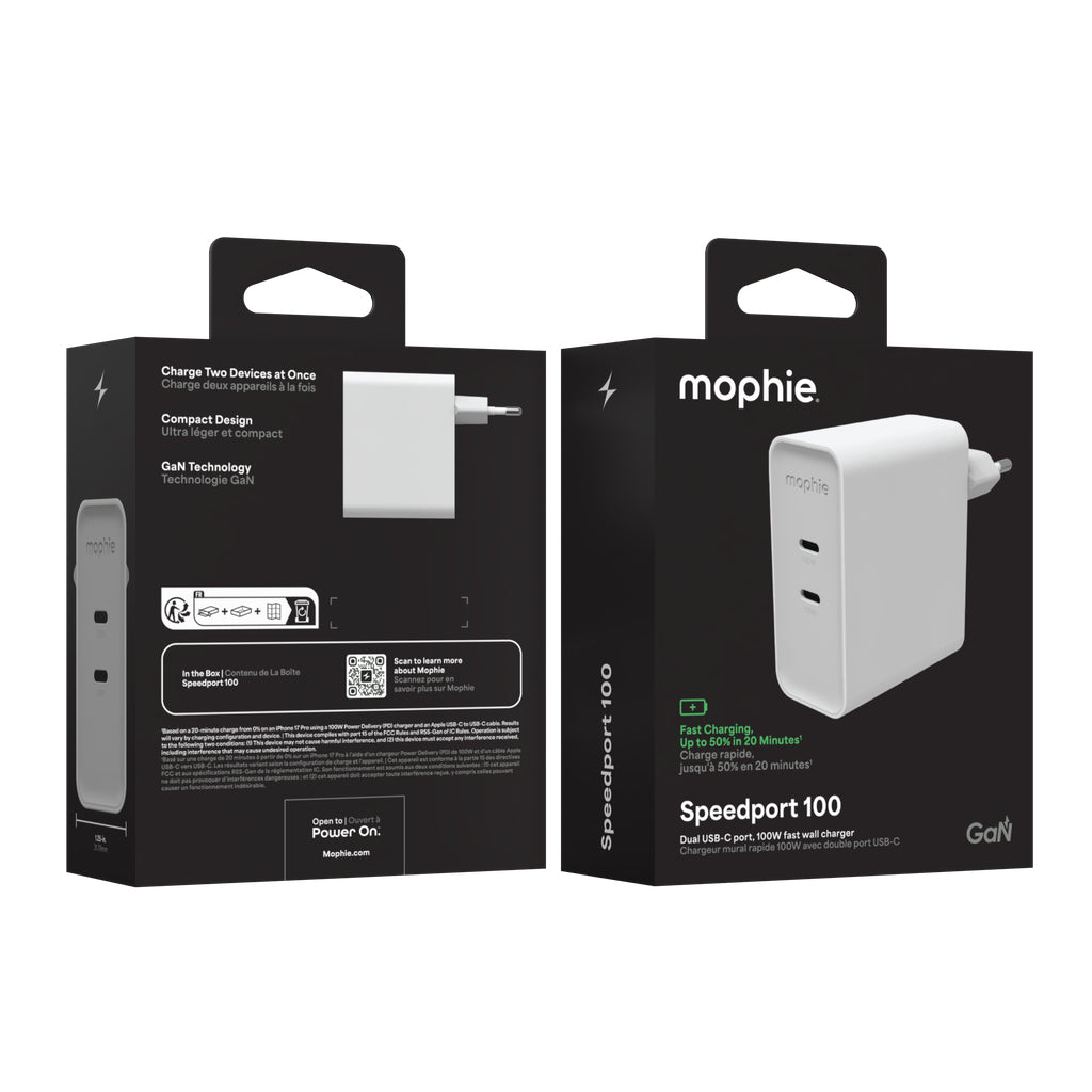 mophie Speedport 100 USB-Wandladegerät 100 W – USB-C×2 – PD, GaN, EU-Stecker (Typ C) – Weiss