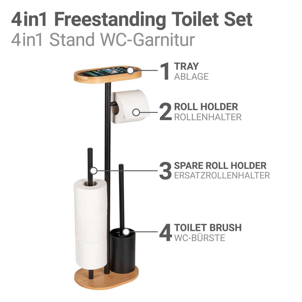 Wenko – WC-Bürstenset – Metall, Bambus, Schwarz, Braun, Bodenstehend, H 70,5 cm