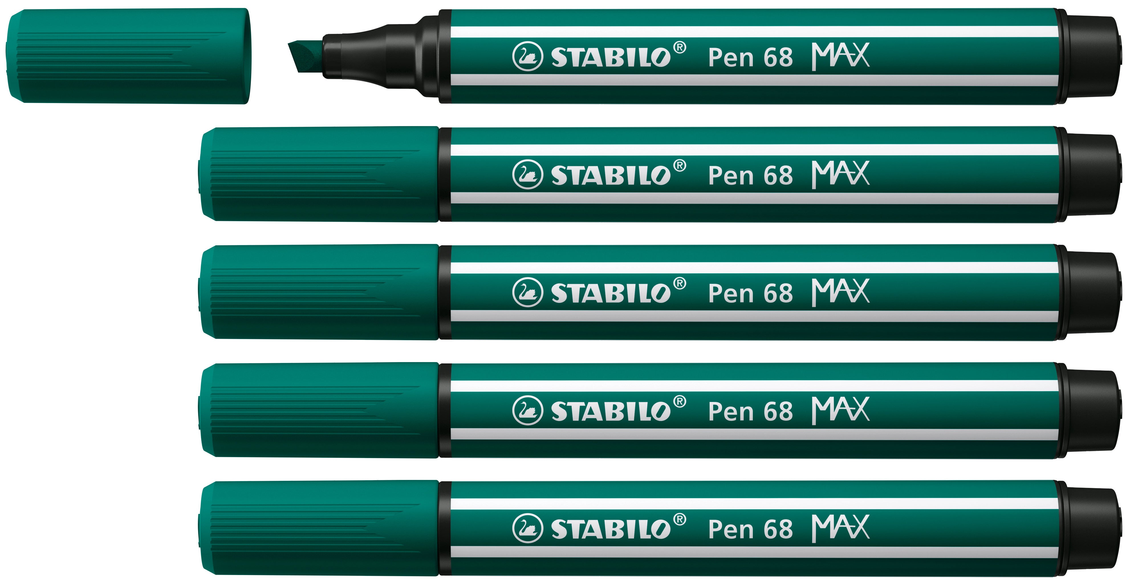STABILO Pen 68 MAX Filzstift – Doppelspitze, Keilspitze, 1 + 5 mm, wasservermalbar, grün, 5er Set