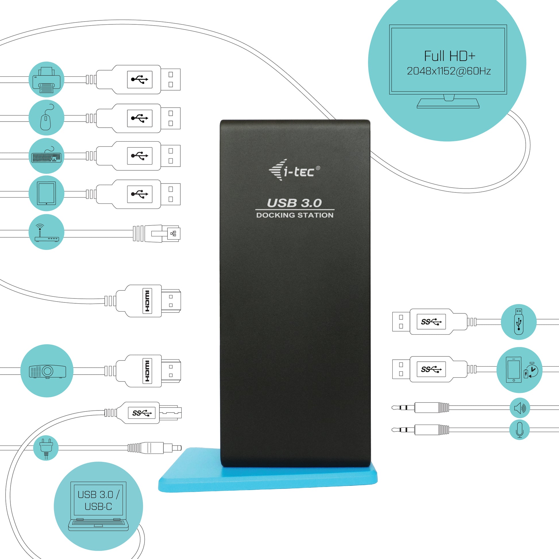 i-tec Dockingstation – USB-A, 2× HDMI, 6× USB-A, 3,5 mm Audio, GbE, für Windows/Mac/Linux