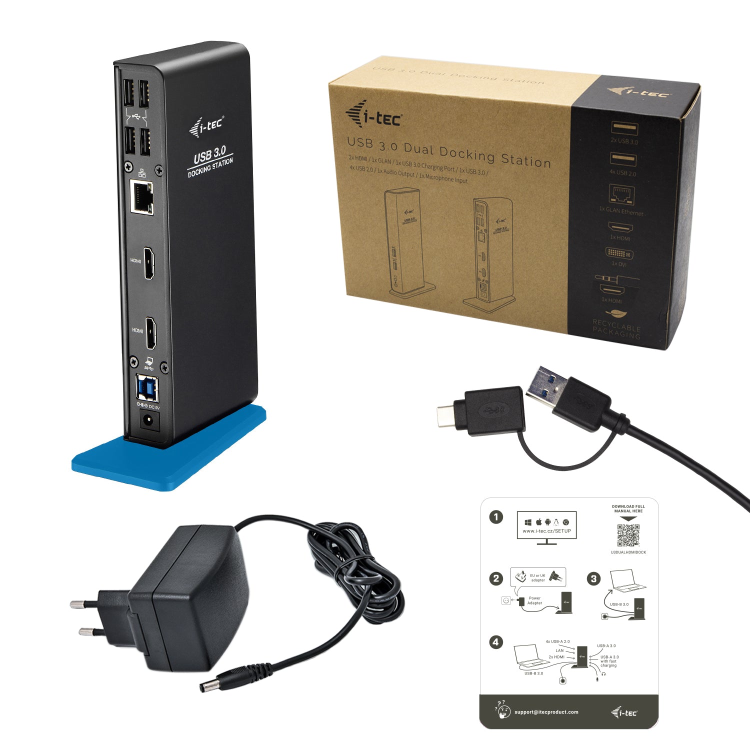 i-tec Dockingstation – USB-A, 2× HDMI, 6× USB-A, 3,5 mm Audio, GbE, für Windows/Mac/Linux