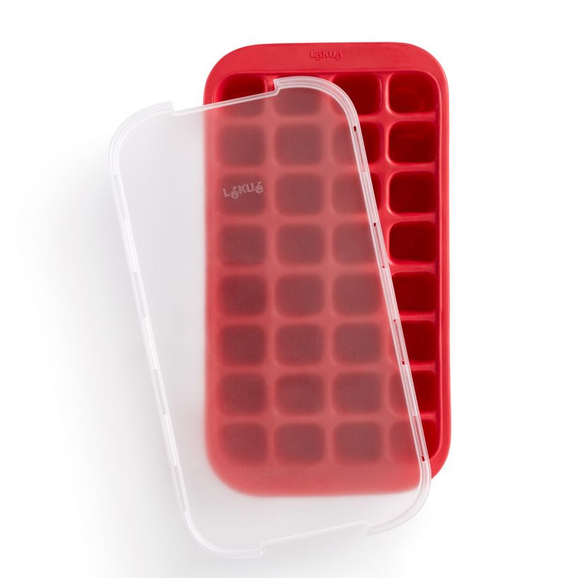 Lékué Eiswürfelform 32 Stk., 18,7 × 34,2 × 4,4 cm, Kunststoff (SBS), Rot, mit Deckel