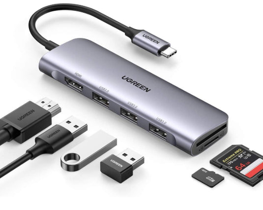 Ugreen 20956A Multiport-Adapter – USB-C, 1× HDMI, 3× USB-A, SD/microSD, für Windows/Mac/Linux