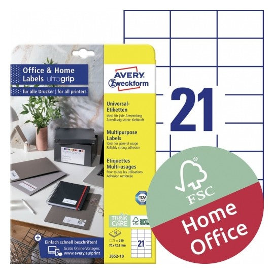 AVERY Zweckform 3652-10 – Etiketten A4 70 × 42 mm – Papier, weiss – permanent haftend – Laser/Inkjet