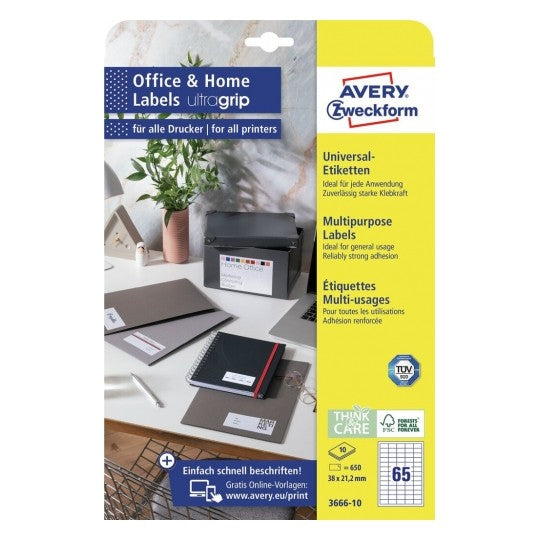 AVERY Zweckform – Etiketten A4 38 × 21,2 mm – weiss – permanent haftend – Laser/Inkjet – 65 pro Blatt