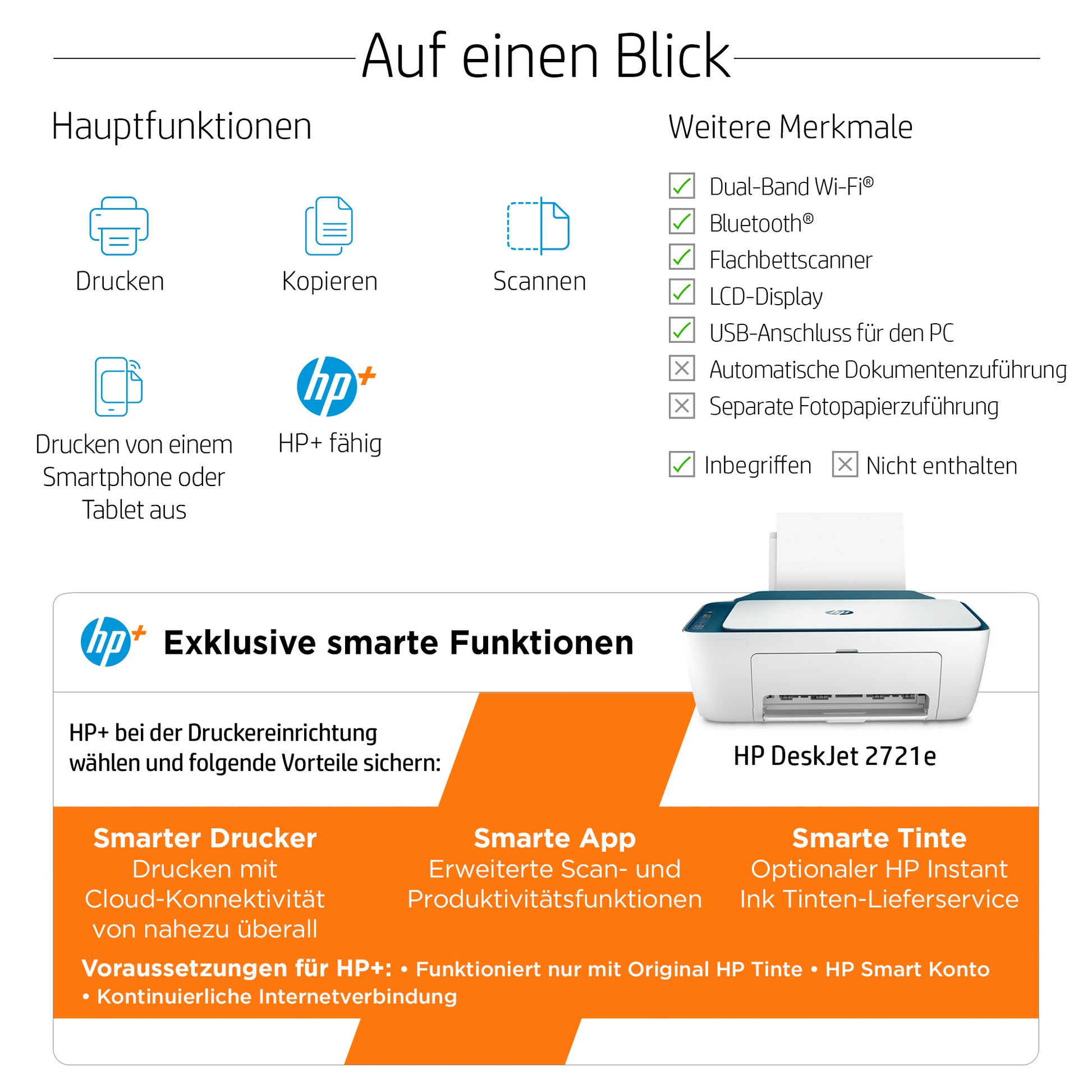 HP DeskJet 2721e – Farbtintenstrahl-Multifunktionsdrucker, A4, 3-in-1, Duplex, WLAN, AirPrint