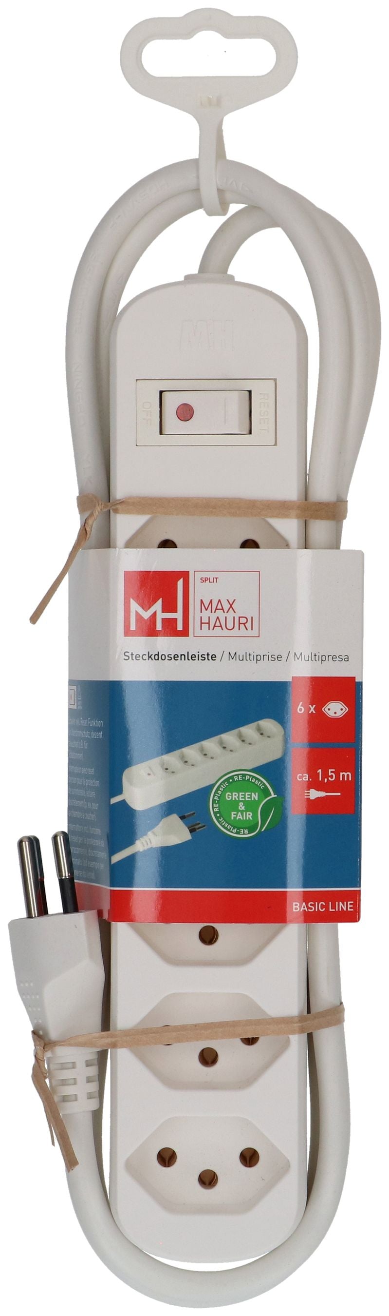 Max Hauri AG Max Hauri Basic-Line Steckdosenleiste, 6×T13, mit Schalter, 1,5 m, Eingang T12, IP20 – weiss