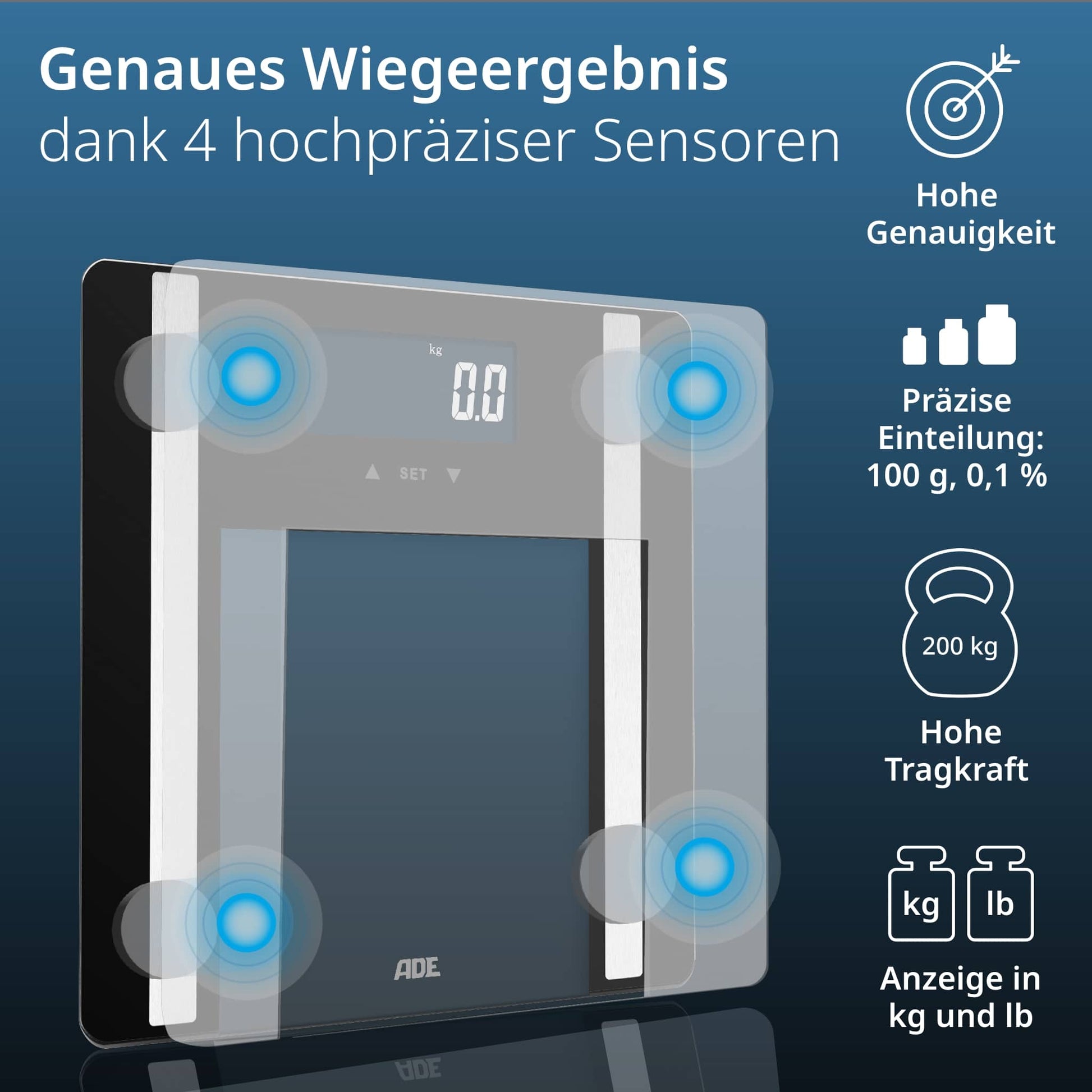 ADE Digitale Personenwaage BA2300-1 – Glas – 200 kg – Schwarz