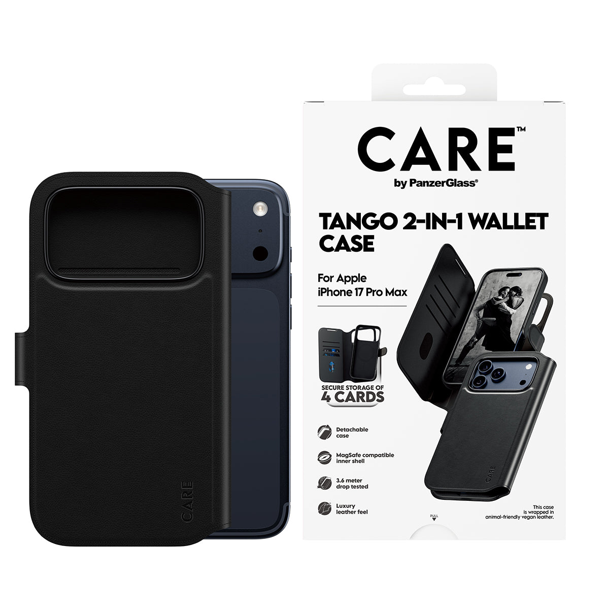 PanzerGlass Booklet-Hülle Tango – für Apple iPhone 17 Pro Max – schwarz – Kunstleder, MagSafe-kompatibel