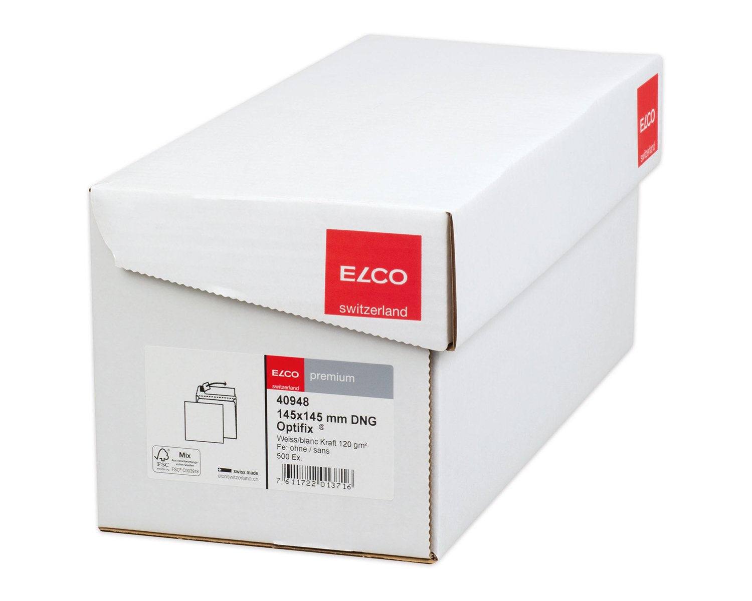 Elco Couvert 155 × 155 mm, ohne Fenster, haftklebend (Optifix), hochweiss, 120 g/m², Papier – 500 Stk.