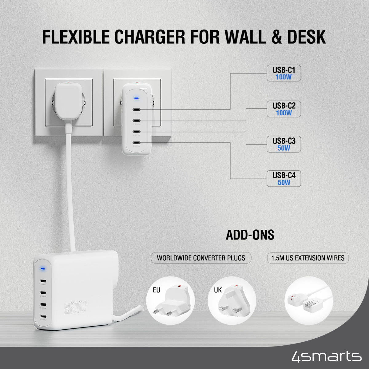 4smarts Charger Flex Pro USB-Desktop-Ladegerät 200 W – USB-C×4 – PD 3.0, GaN – Weiss