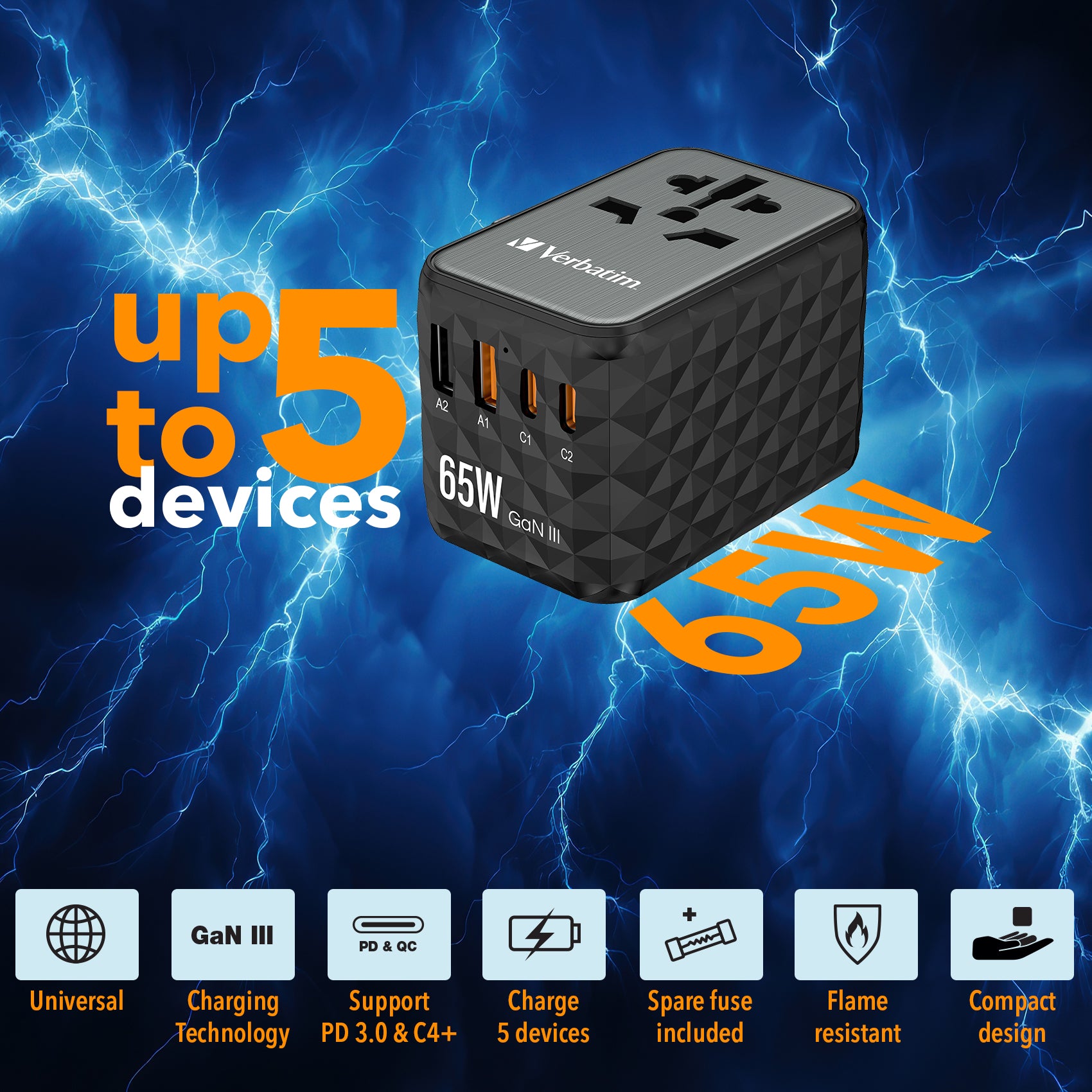 Verbatim Reiseadapter – UTA-05 GaN III Universal, PD 65 W, QC 4+, 2× USB-A, 2× USB-C, Schwarz